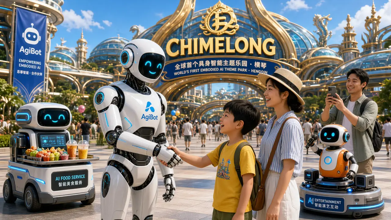 Immersive Theme Park in Hengqin: Besucher interagieren mit verschiedenen Robotern von AgiBot und Chimelong, darunter ein freundlicher Roboter, der einem Familienbesucher die Hand schüttelt. KI generiert, Symbolbild