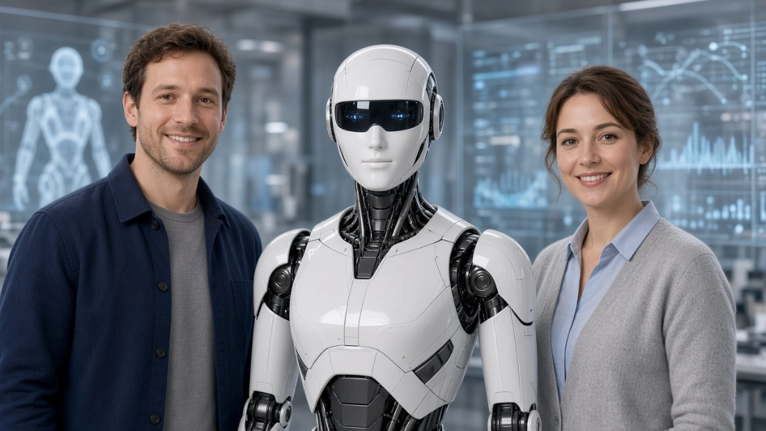 Zwei Entwickler und Roboter KI-Symbolbild